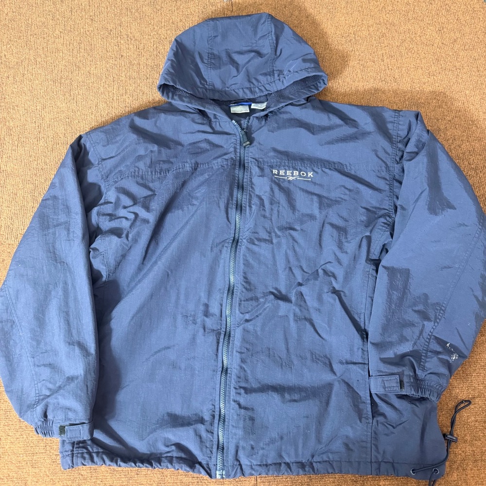 Vintage Reebok Windbreaker Jacket Mens XL Navy‎ Blue Full Zip Hooded Embroidered